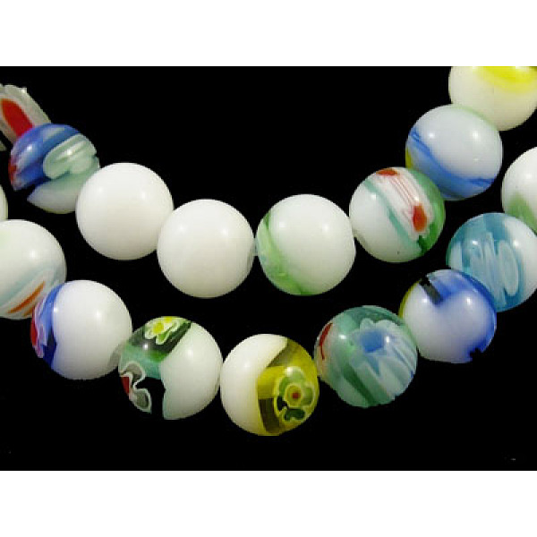 PandaHall Handmade Millefiori Glass Beads Strands, White Porcelain, Round, Colorful, about 6mm in diameter, hole: 1mm, 67pcs/strand...