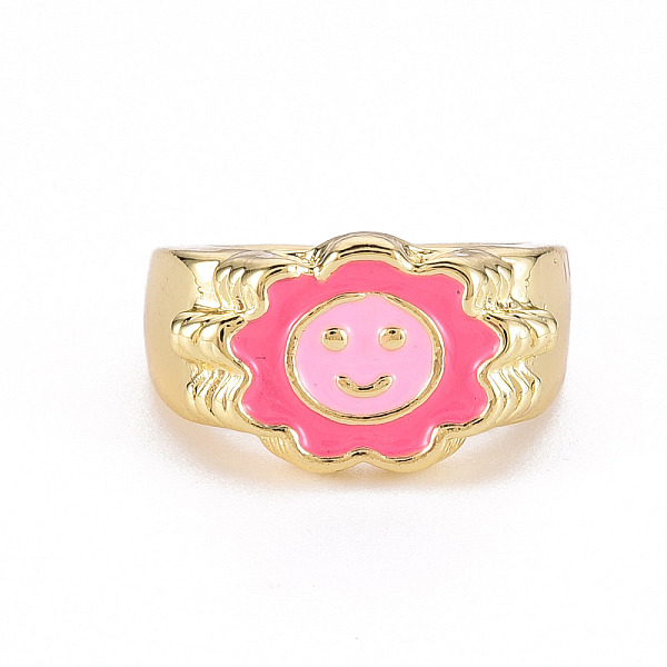 

PandaHall Alloy Enamel Wide Band Rings, Cadmium Free & Lead Free, Light Gold, Textured, Flower with Smiling Face, Pearl Pink, US Size 7 3/4...