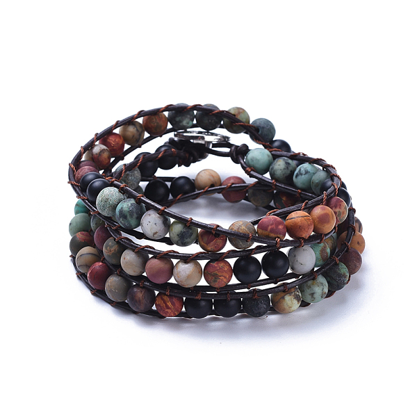 

PandaHall Three Loops Frosted Natural Gemstone Beads Wrap Bracelets, with Cowhide Leather Cord and Zinc Alloy Shank Buttons, with Burlap..., Multicolor