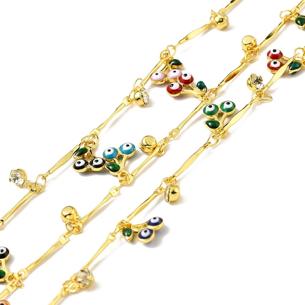 

PandaHall Handmade Brass Bar Link Chain, with Enamel Cherry with Evil Eye & Rhinestone Charm, Long-Lasting Plated, Soldered, with Spool...