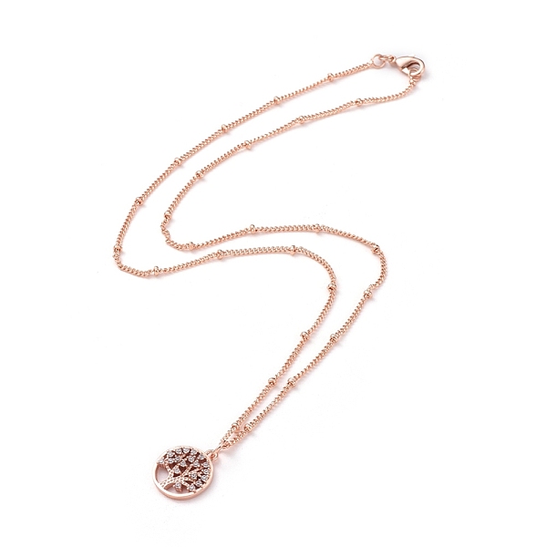 

PandaHall Brass Micro Pave Cubic Zirconia Pendant Necklaces, with Brass Satellite Chains/Curb Chains, Flat Round and Tree of Life, Rose Gold...