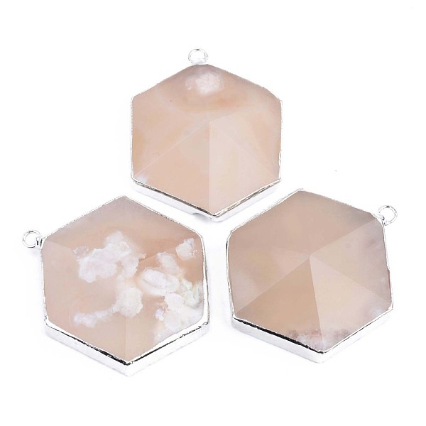 

PandaHall Hexagon Natural Cherry Blossom Agate Pendants, with Edge Platinum Plated and Iron Loops, Faceted, 39~42x31~33x9~12mm, Hole...