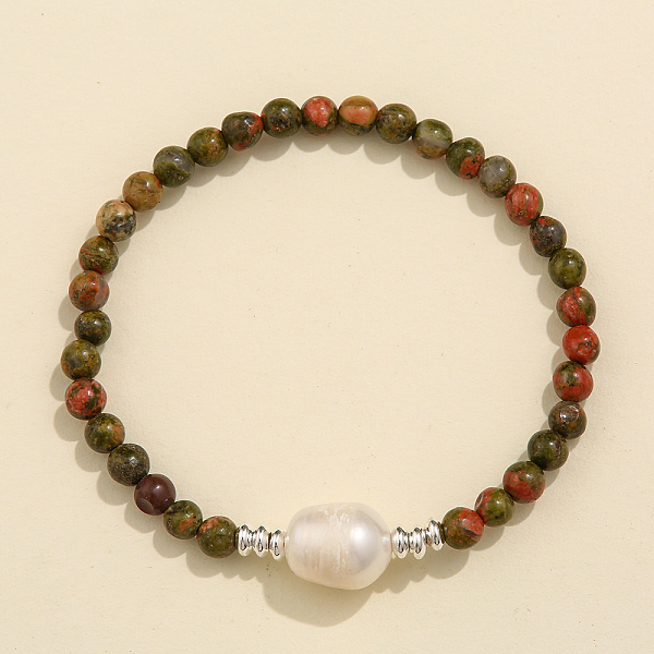 Natural Unakite & Freshwater Pearl Bead Stretch Bracelets For Women