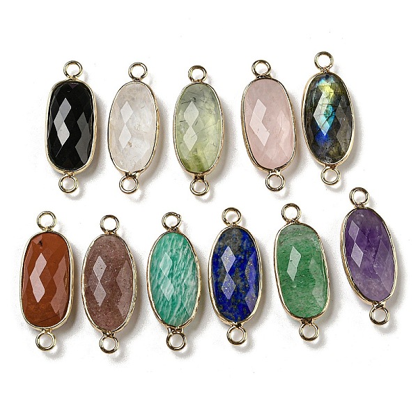 

PandaHall Natural Mixed Gemstone Connector Charms, Faceted Oval Links with Light Gold Plated Brass Edge, 29~29.5x11~11.5x6mm, Hole: 2.2mm...