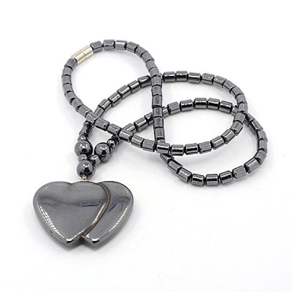 PandaHall Heart to Heart Magnetic Synthetic Hematite Beaded Necklaces, with Brass Magnetic Clasps, Black, 18.1 inch Hematite Black