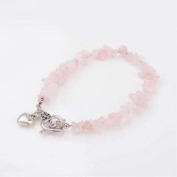 

PandaHall Chip Natural Rose Quartz Beaded Bracelets, Heart, with Tibetan Style Alloy Bar & Ring Toggle Clasps, 193mm Rose Quartz