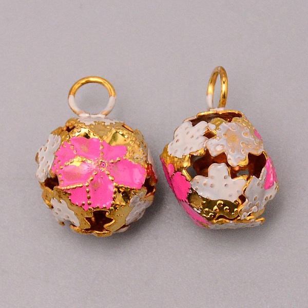 

PandaHall Iron Pendants, with Enamel Flower Pattern, Hollow, Deep Pink, 19~20x14.5x12mm, Hole: 4.5mm Iron+Enamel Round
