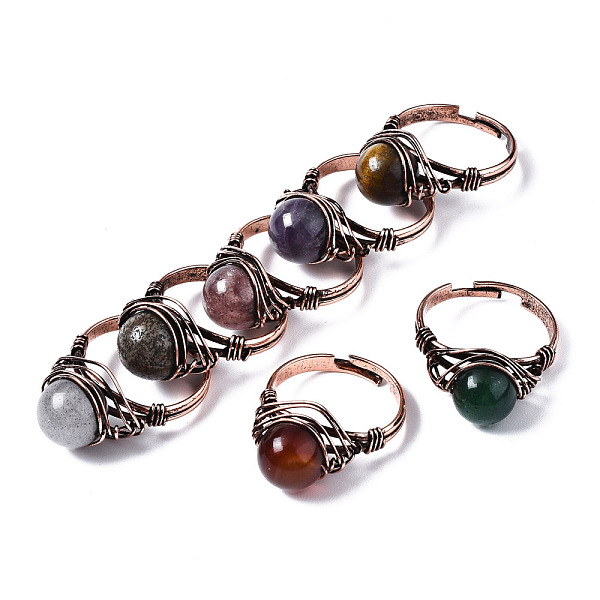 

PandaHall Adjustable Natural & Synthetic Gemstone Round Finger Rings, with Red Copper Brass Findings, US Size 9(18.9mm) Mixed Stone None