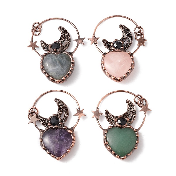 

PandaHall Natural Mixed Stone Big Pendants, with Red Copper Tone Brass Findings and Black Glass, Heart with Moon & Star, Cadmium Free & Lead...