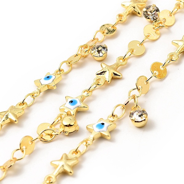 

PandaHall Enamel Star with Evil Eye & Brass Flat Round Link Chains, with Clear Glass Charms, Soldered, with Spools, Real 18K Gold Plated..., White
