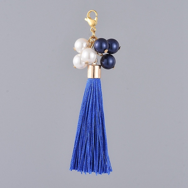 

PandaHall Polyester Tassel Big Pendants, with Shell Pearl Beads, Golden Plated 304 Stainless Steel Lobster Claw Clasps and Brass Flat Head..., Blue
