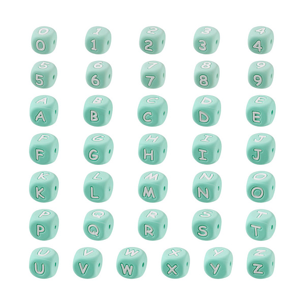 

PandaHall Silicone Beads for Bracelet or Necklace Making, Cube with Letter & Number, Turquoise, 46pcs/box Silicone Cube Green