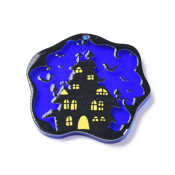 PandaHall Halloween Theme Opaque Printed Acrylic Pendants, Flower Charms, House, 36x37x2mm, Hole: 1.6mm Acrylic House Blue
