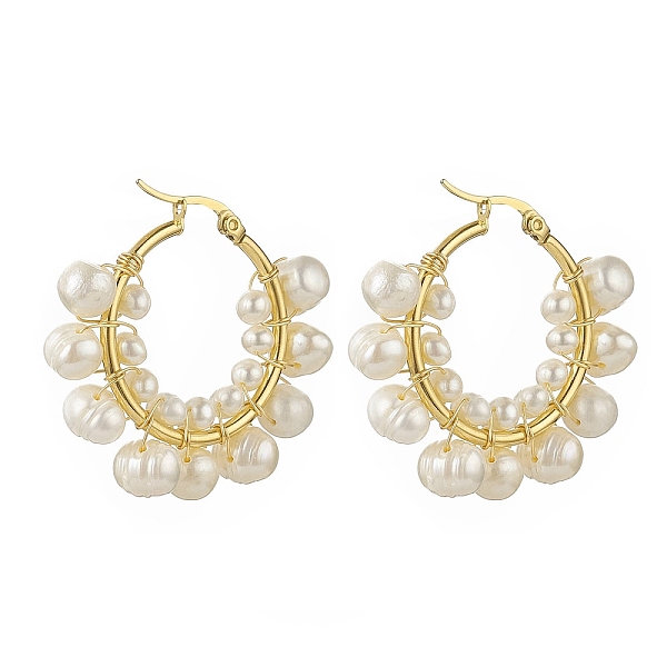 

PandaHall Natural Pearl Beaded Hoop Earrings, 304 Stainless Steel Wire Wrap Jewelry for Women, Real 18K Gold Plated, 36x40x8mm, Pin..., White