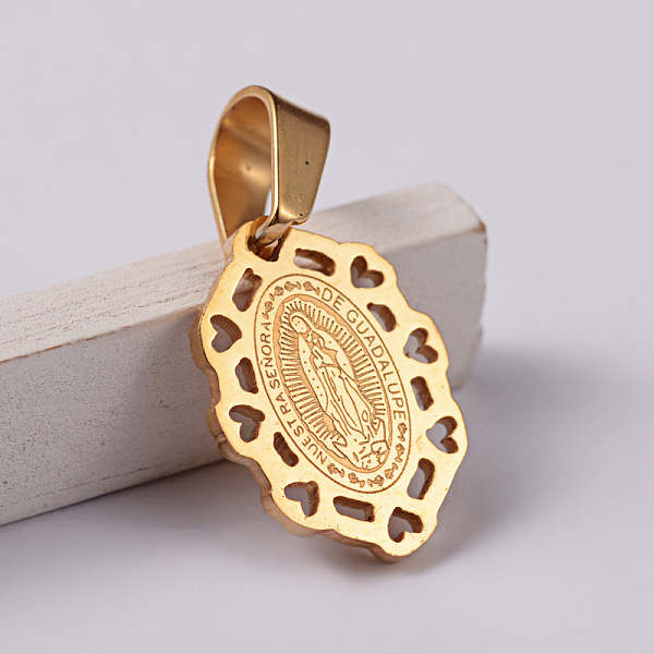 

PandaHall 304 Stainless Steel Pendants, Oval with Virgin Mary/Our Lady of Guadalupe, Golden, 17.5x13x1.5mm, Hole: 4x7mm 304 Stainless Steel...