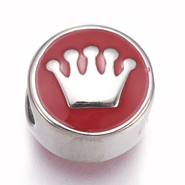 

PandaHall 304 Stainless Steel European Beads, with Enamel, Large Hole Beads, Flat Round with Crown, Red, Stainless Steel Color, 11x8mm, Hole...
