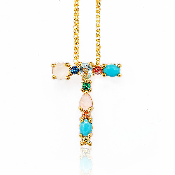 

PandaHall Golden Brass Micro Pave Cubic Zirconia Initial Pendants Necklaces, with Cable Chains, Colorful, Letter, Letter.T, 17.9~18.1 inch...