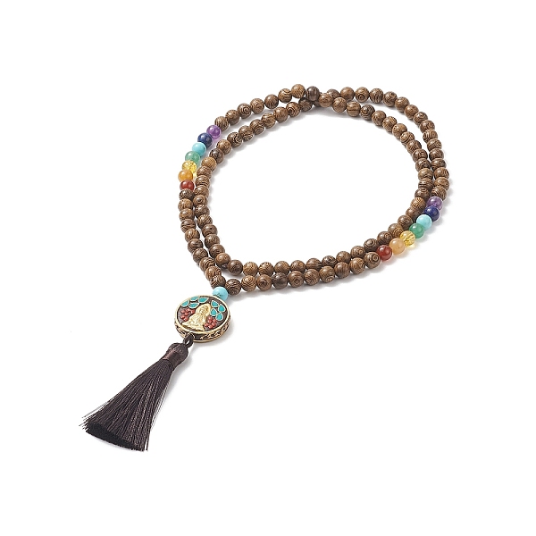 

PandaHall Indonesia Buddhist Necklace, Polyester Tassel Pendant Necklace with Wood & Mixed Gemstone Beaded Chains for Women, Coffee, 35.43..., Brown