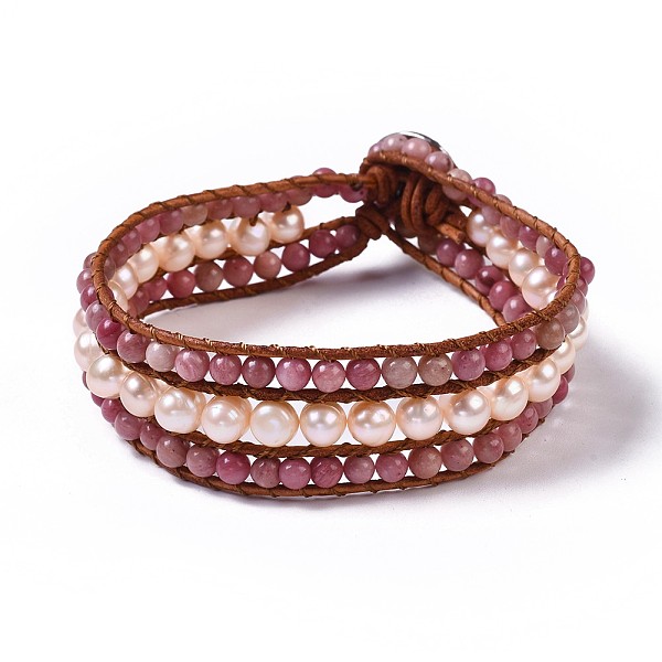 

PandaHall Natural Rhodonite Beaded Cord Bracelets, with Freshwater Pearl, Leather Cord and Alloy Clasps, 8-5/8 inch(22cm), 20mm Rhodonite