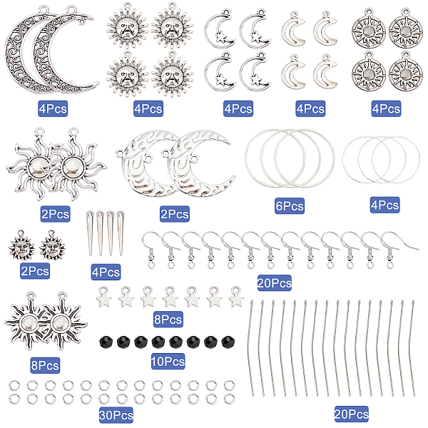 

PandaHall SUNNYCLUE 1 Box DIY 10 Pairs Star Moon Sun Dangle Earrings Making Kit Tibetan Bohemian Antique Silver Charms Glass Faceted Beads...