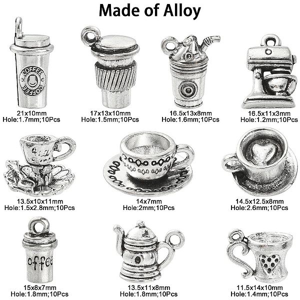 

PandaHall 50Pcs 10 Styles Tibetan Style Alloy Charms, Cup, Antique Silver, 10~21x7~14x3~10mm, Hole: 1.2~2.6mm, 5pcs/style Alloy Others