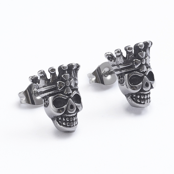 

PandaHall Retro 304 Stainless Steel Stud Earrings, with Ear Nuts, Skull with Crown, Antique Silver, 11.8x10mm, Pin: 0.7mm 304 Stainless...