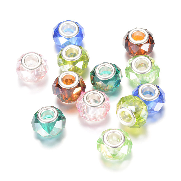 

PandaHall Glass European Beads, with Silver Color Plated Brass Core, Large Hole Beads, Faceted Rondelle, AB-Color Plated, Mixed Color..., Multicolor