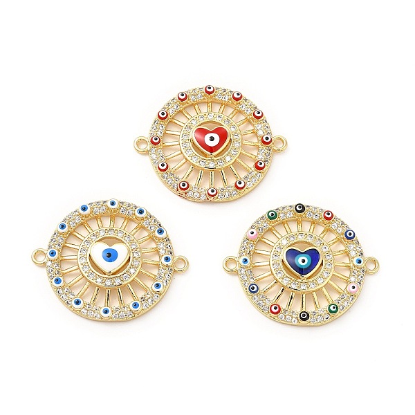 

PandaHall Rack Plating Brass Micro Pave Clear Cubic Zirconia Connector Charms, Flat Round with Heart Evil Eye Links, with Enamel, Cadmium..., Multicolor