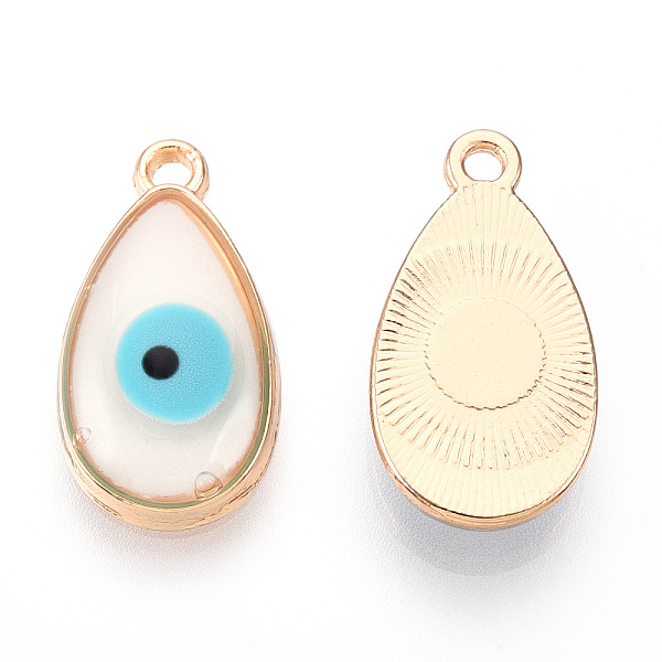 

PandaHall Rack Plating Alloy Resin Pendants, with Enamel, Teardrop with Evil Eye Charm, Light Gold, Cadmium Free & Nickel Free & Lead Free..., White