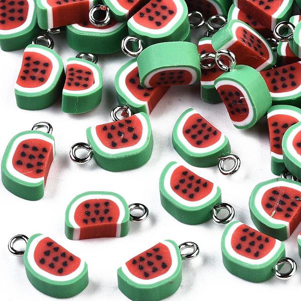 

PandaHall Handmade Polymer Clay Charms, with Platinum Iron Findings, Watermelon, Lime Green & Red, 14~16x8x4.5mm, Hole: 1.8mm Polymer Clay...