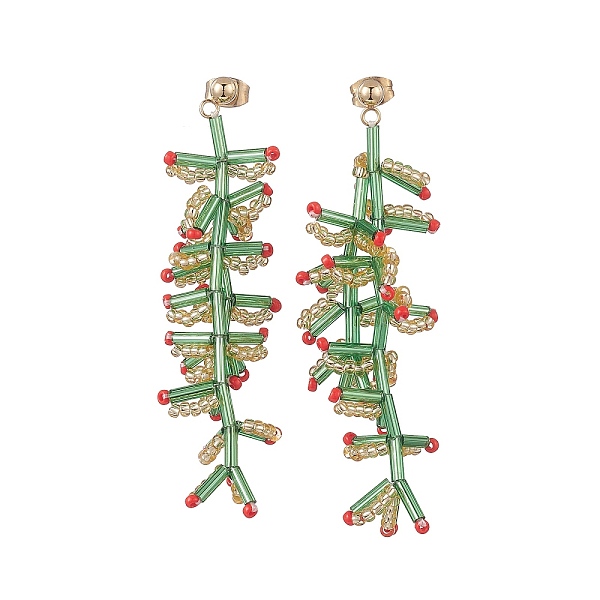 

PandaHall Glass Seed Braided Branch Dangle Stud Earrings, Golden 304 Stainless Steel Christmas Earrings for Women, Colorful, 64mm, Pin...