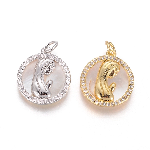 

PandaHall Brass Pendants, with Micro Pave Cubic Zirconia, Shell and Jump Rings, Flat Round with Virgin Mary, Clear, Mixed Color...