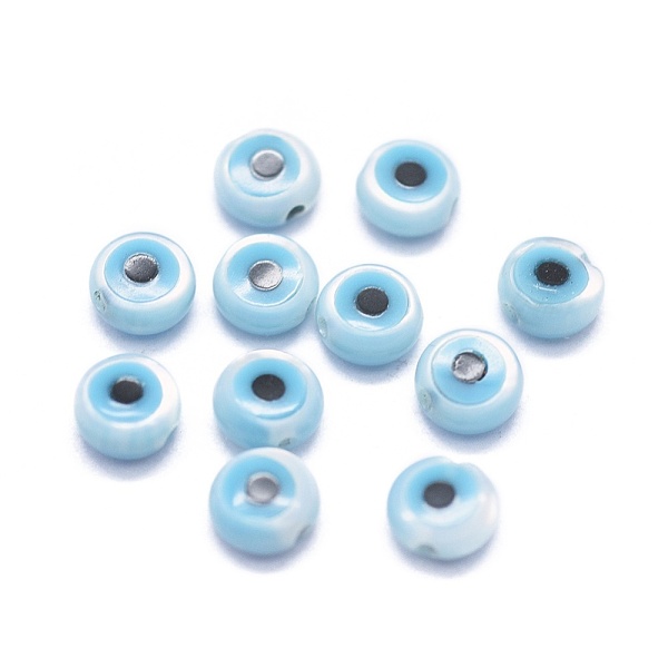 

PandaHall Natural White Shell Beads, Mother of Pearl Shell Beads, with Synthetic Turquoise, Flat Round with Evil Eye, White, 6x1.5~2mm, Hole...