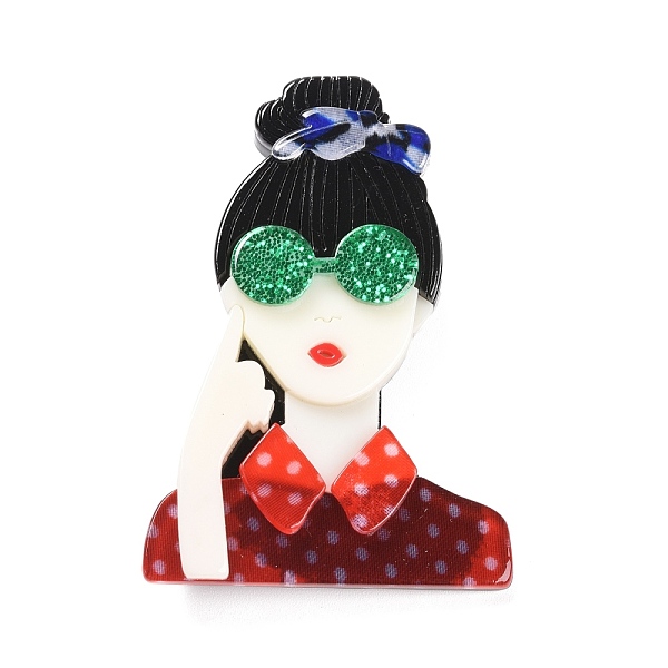 PandaHall Fashion Girl with Glasses Acrylic Badge, Human Lapel Pin for Backpack Clothes, Colorful, 64.5x45x9mm Acrylic Red