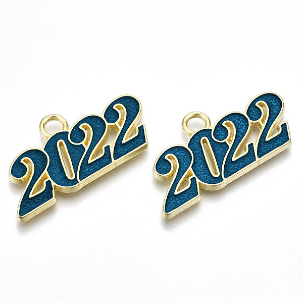 PandaHall Alloy Enamel Pendants, Cadmium Free & Lead Free, New Year 2022, Golden, Midnight Blue, 19x38x2mm, Hole: 4mm Alloy+Enamel Number