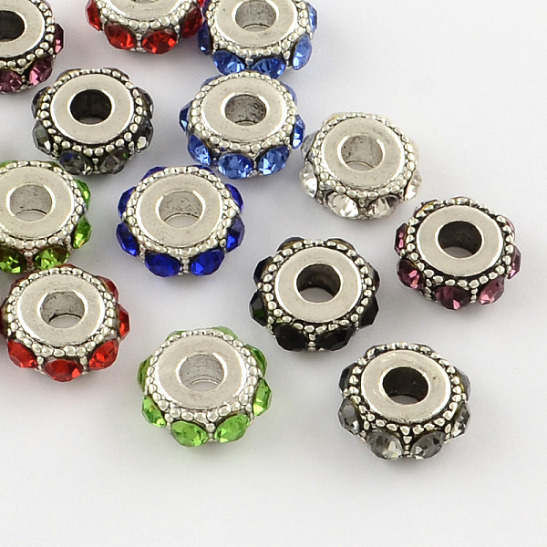 

PandaHall Flat Round Antique Silver Plated Alloy Rhinestone European Beads, Large Hole Beads, Mixed Color, 14~15x6~7mm, Hole: 5mm..., Multicolor