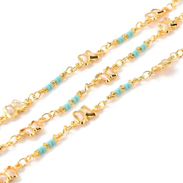PandaHall Handmade Brass Beaded Chains, with Glass Butterfly Link & Seed Beads, Long-Lasting Plated, Soldered, with Spool, Golden, Sky Blue...