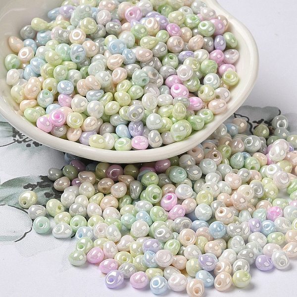 

PandaHall 6/0 Glass Seed Beads, Opaque Colours Luster, Teardrop, Colorful, 4.5~5x4x3~3.5mm, Hole: 0.9mm, about 5625Pcs/Pound Glass Teardrop