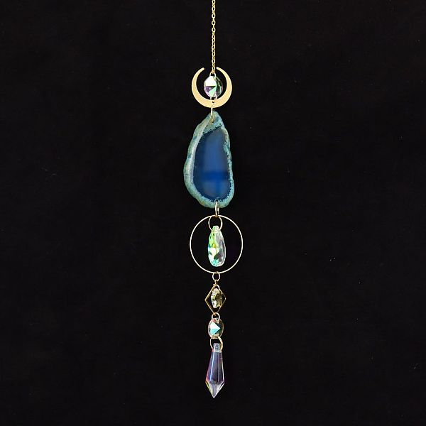 

PandaHall Natural Agate Piece Hanging Ornaments, Metal Moon & Ring and Glass Cone Tassel Suncatchers for Home Outdoor Decoration, Royal Blue...