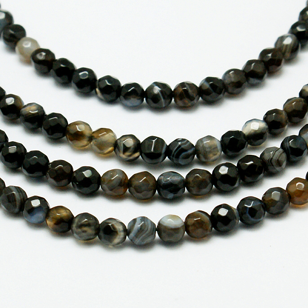 

PandaHall Natural Striped Agate/Banded Agate Bead Strands, Dyed, Faceted, Round, Black, 4mm, Hole: 0.8mm, about 90~92pcs/strand, 14 inch...