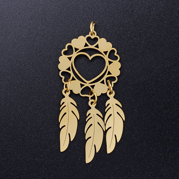 

PandaHall 201 Stainless Steel Pendants, with Jump Rings, Woven Net/Web with Feather, Golden, 44x20x1mm, Hole: 3mm, Ring: 5x0.8mm 201...