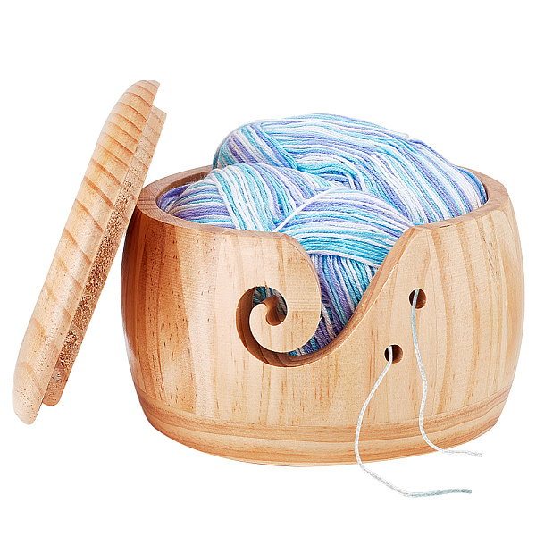 PandaHall AHANDMAKER Wooden Yarn Bowl Holder, Wool Ball Bowl with Lid, Wool Storage Basket with Holes Solid Wooden Yarn Bowl for Knitting...