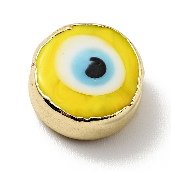 

PandaHall Handmade Evil Eye Lampwork Beads, with Brass Findings, Flat Round, Gold, 11.5x6mm, Hole: 1.6mm Lampwork Flat Round Gold