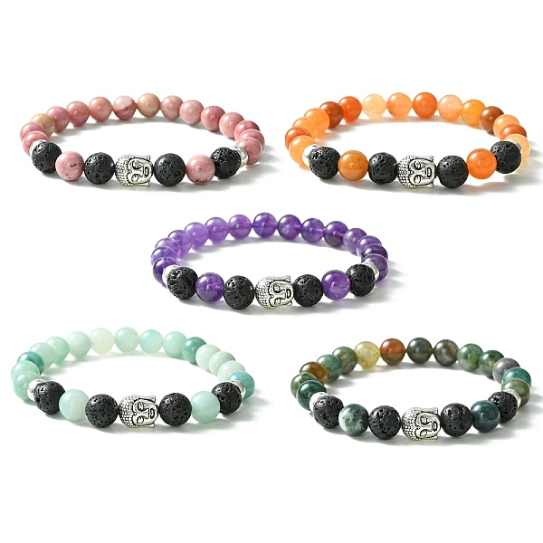 

PandaHall Natural Mixed Stone & Lava Rock & Tibetan Style Buddha Head Beaded Stretch Bracelet for Girl Women, Inner Diameter: 2-1/8 inch...