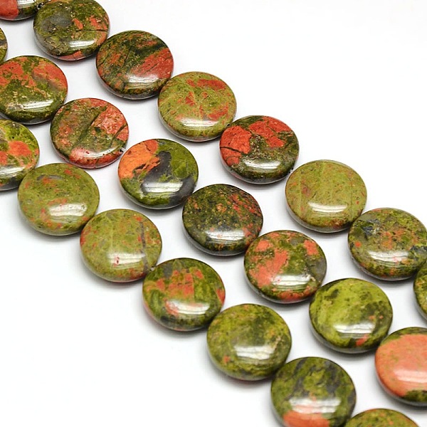 

PandaHall Natural Flat Round Unakite Beads Strands, 20x7~9mm, Hole: 1mm, about 20pcs/strand, 15.74 inch Unakite Flat Round