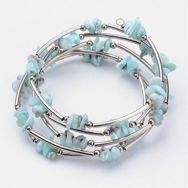 

PandaHall Natural Larimar Beaded Wrap Bracelets, with Steel Bracelet Memory Wire, Iron Beads and Brass Tube Beads, Platinum, 2-1/8 inch...