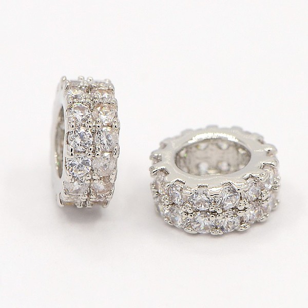 

PandaHall Brass Micro Pave Cubic Zirconia Beads Flat Round Spacer, Platinum, 7.5x3mm, Hole: 4mm Brass+Cubic Zirconia Flat Round