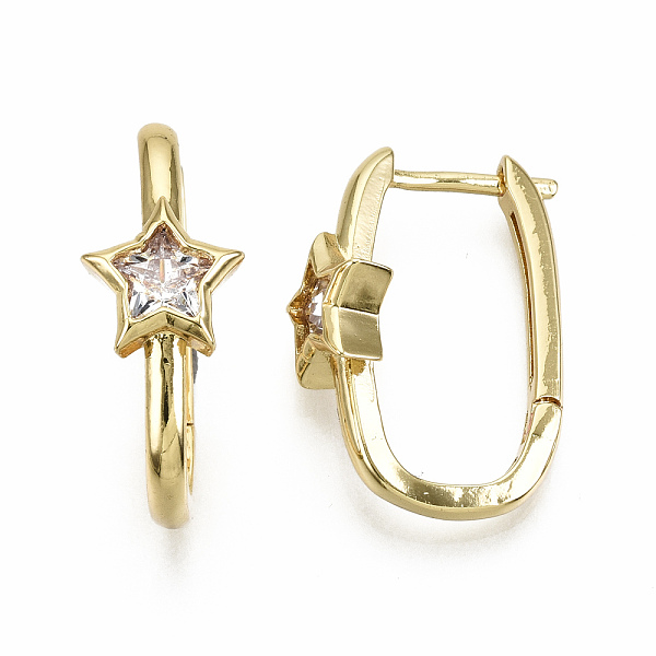 

PandaHall Brass Micro Pave Clear Cubic Zirconia Huggie Hoop Earring, Nickel Free, Oval with Star, Real 16K Gold Plated, 21.5x8.5x15mm, Pin...