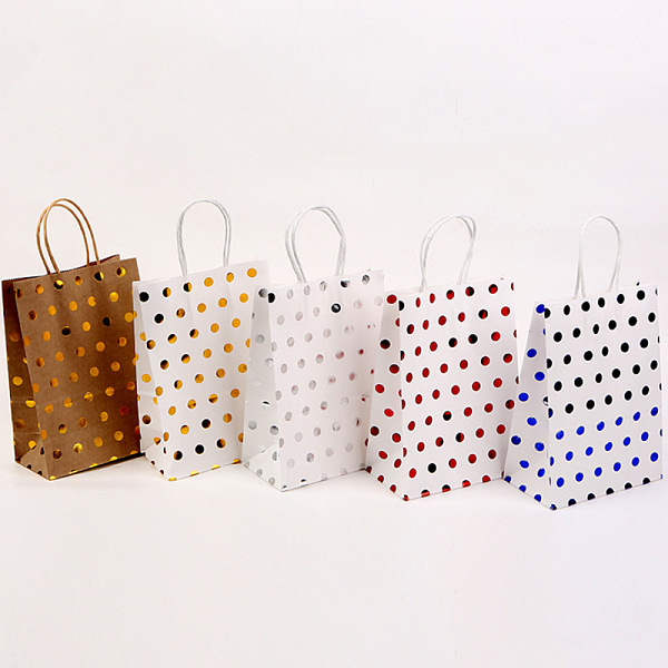 

PandaHall Polka Dot Pattern Rectangle Paper Bags, with Handles, for Gift Shopping Bags, Mixed Color, 8x15x21cm Paper Polka Dot Multicolor