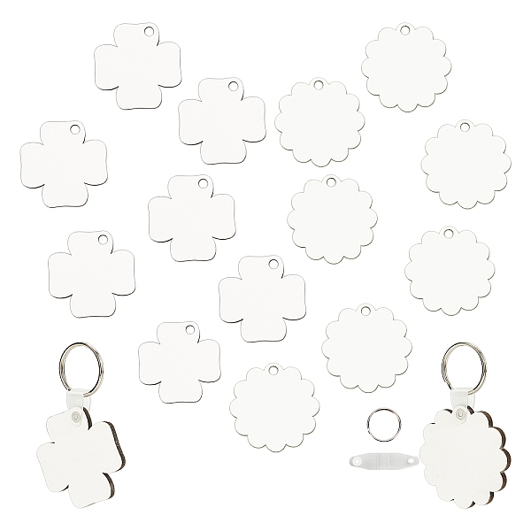 PandaHall DIY Sublimation Double-Sided Blank MDF Keychains, with Clover & Flower Shape Wooden Hard Board Pendants and Iron Split Key Rings...